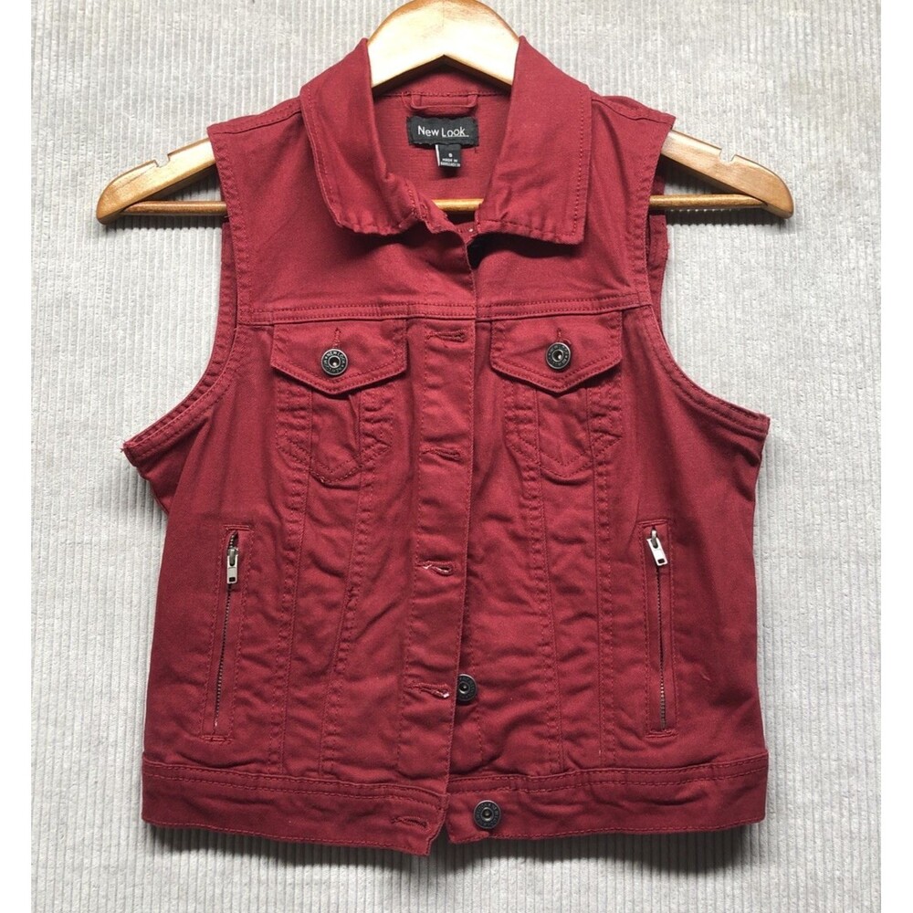 New Look Womens Red Denim Vest Size Small Sleeveless Western Boho Layering